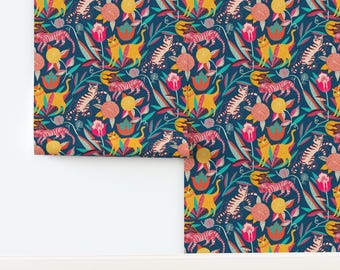 Flowers Non-Pasted Wallpaper Flora Garden Cat Kitten  - Bright Cats And Flowers  Medium Scale by miraparadies Wallpaper by Spoonflower
