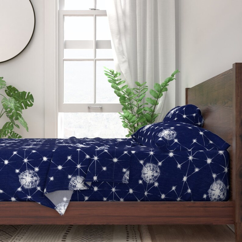 Shibori Stars by southwind Geometric Shibori Cotton Sateen Sheet Set Bedding by Spoonflower Blue Constellation Sheets