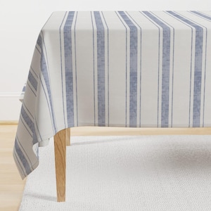 Ticking Tablecloth - Aegean Bold Stripe Rotated by holli_zollinger - Horizontal Woven Blue Decor Cotton Sateen Tablecloth by Spoonflower