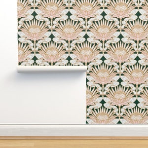 Art Deco Commercial Grade Wallpaper - Protea Art Deco by helenpdesigns - Marble Look Art Nouveau Wallpaper Double Roll by Spoonflower