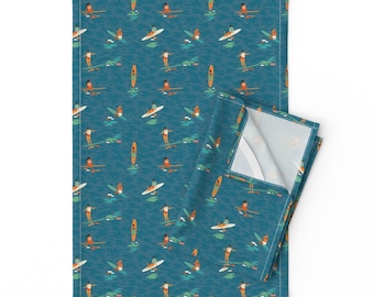 Surfers Tea Towels (Set of 2) - Surf Goddess by tasiania - Hawaiian Surfing Sport Ocean Feminism Blue Linen Cotton Tea Towels by Spoonflower