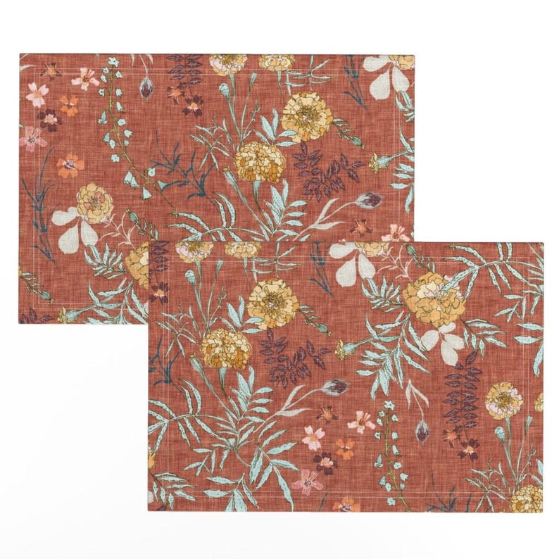 Terra Cotta Floral Placemats Set of 2 - Boho Wildflowers Distressed ...