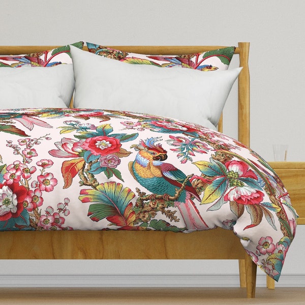 Bird Bedding - Edwardian Parrot  by peacoquettedesigns -  Pink Dusty Antique Palm Cotton Sateen Duvet Cover OR Pillow Shams by Spoonflower