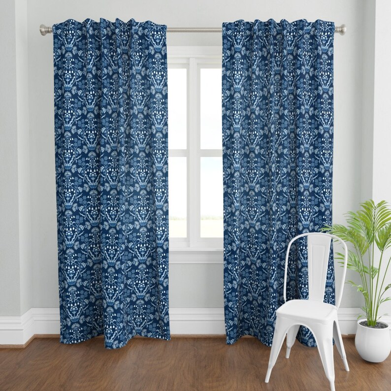 Floral Damask Curtain Panel Classic Blue Damask by Etsy