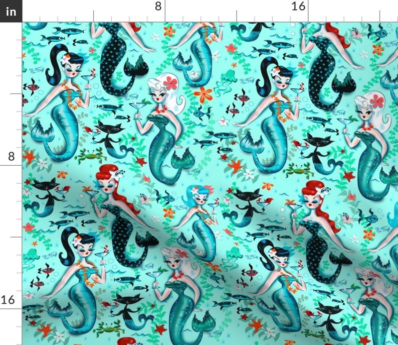 Teal Pinup Girls Cotton Sateen Table Runner by Spoonflower Martini Mermaids by miss/_fluff Aqua Retro Mermaids Table Runner