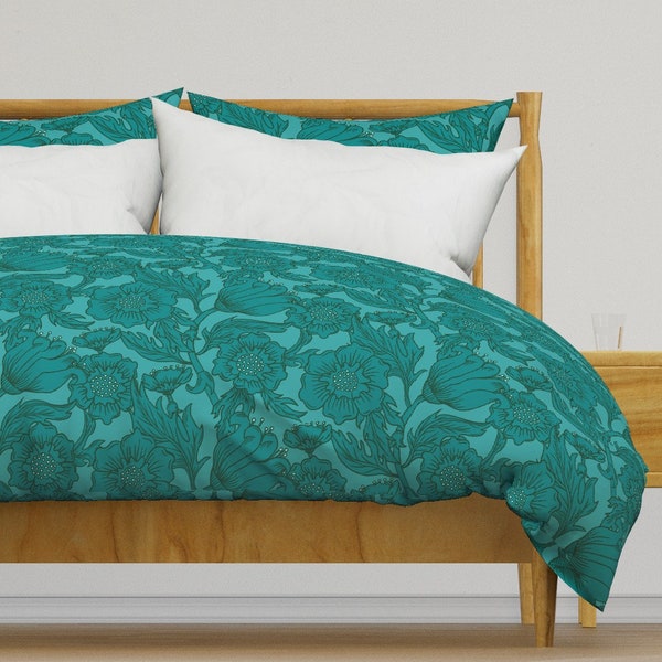 Teal Damask Floral Bedding - Teal Floral  by latheandquill - Flowers Damask Cotton Sateen Duvet Cover OR Pillow Shams by Spoonflower