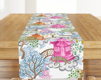 Chinoiserie Table Runner - Pagoda Forest by danika_herrick - Pagoda Leopards Pink And Rust Cotton Sateen Table Runner by Spoonflower