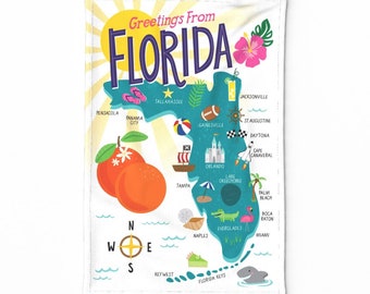Retro Tea Towel - Greetings From Florida by lisa_kubenez - Tropical Oranges Ocean Sunshine Map Linen Cotton Canvas Tea Towel by Spoonflower