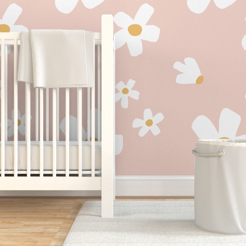 Pink and Mustard Wallpaper Jumbo Daisy Garden by Etsy