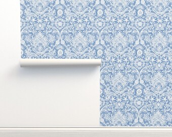 Coastal Commercial Grade Wallpaper - Beach House Damask by kee_design_studio - Nautical Ocean Blue Wallpaper Double Roll by Spoonflower