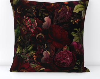 Vintage Botanical Throw Pillow - Moody Florals by utart - Dark Chintz  Gothic Victorian Decorative Square Throw Pillow by Spoonflower