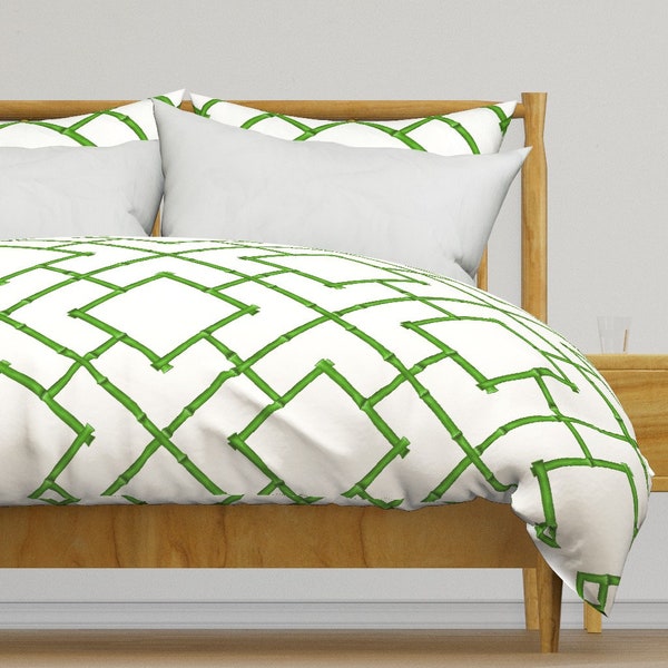 Bamboo Trellis Bedding - Osaka Trellis by willowlanetextiles - Kelly Green White  Cotton Sateen Duvet Cover OR Pillow Shams by Spoonflower