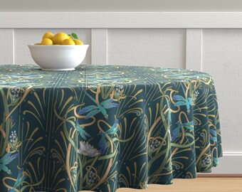 Round Tablecloth Garden Floral Birds Botanical Dragonflies Vintage Cotton Sateen Round Tablecloth Garden Floral Birds Botanical Dragonflies Vintage Cotton Sateen