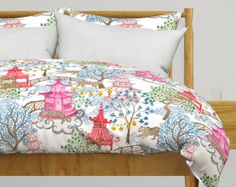 Pagoda Forest Bedding - Party Leopards Blue by danika_herrick - Chinoiserie Leopards Bright Trees Cotton Sateen Duvet Cover OR Pillow Shams