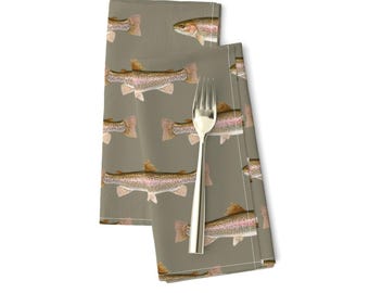 Fly Fishing Dinner Napkins Set of 2 - Earth Tones Rainbow Trout Steelhead  Cloth Napkins - Rainbow Trout On Pewter Grey by weavingmajor