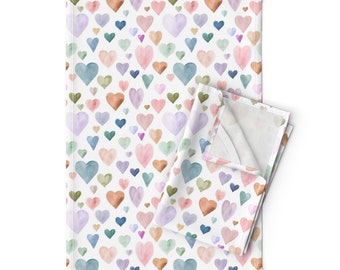 Valentines Day Tea Towels (Set of 2) - Boho Hearts by hipkiddesigns - Pastel Watercolor Colorful Love Linen Cotton Tea Towels by Spoonflower