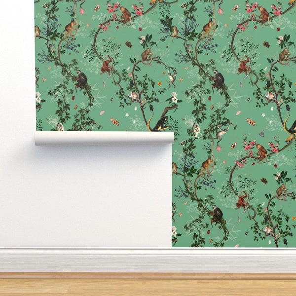 Glam Chinoiserie Commercial Grade Wallpaper - Monkey World by fifikoussout - Vintage Style Jade Green Wallpaper Double Roll by Spoonflower