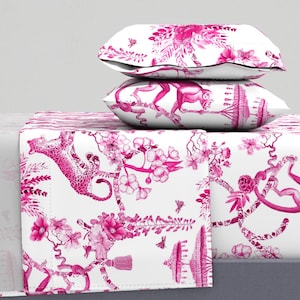 Maximalist Vintage Sheets - Chinoiserie by pattern_garden - Bright Pink Hot Pink Toile Cotton Sateen Sheet Set Bedding by Spoonflower