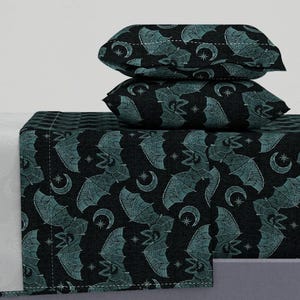 Gothic Bats Sheets - Bat Stitch Crazy Blue by studioxtine - Night Sky Nocturnal Animals Moon  Cotton Sateen Sheet Set Bedding by Spoonflower