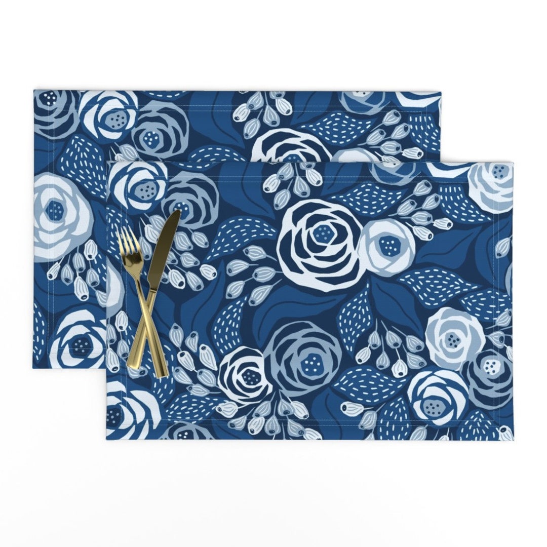 Classic Blue Placemats set of 2 Papercut Roses by Etsy