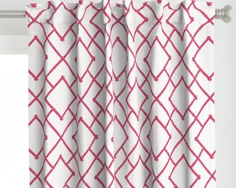 May include: White curtains with a pink geometric pattern. The pattern is a repeating diamond shape with a thin, diagonal line in each corner.