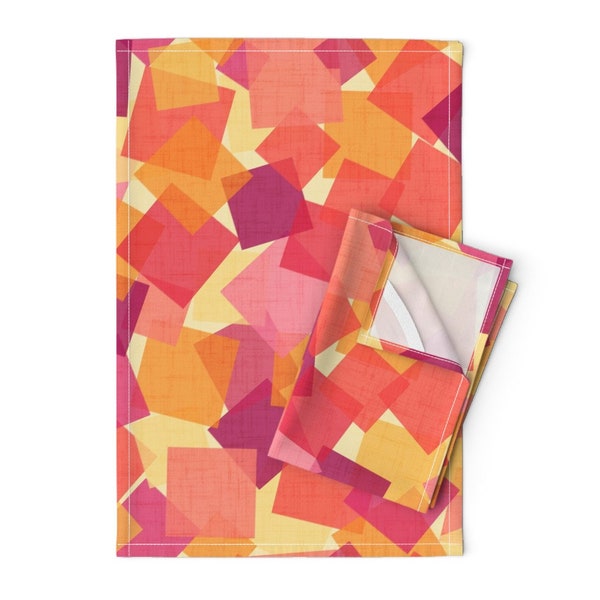 Retro Checks Tea Towels (Set of 2) - Cheerful Geometric by emikundesigns - Red Pink Orange Geometric Linen Cotton Tea Towels by Spoonflower