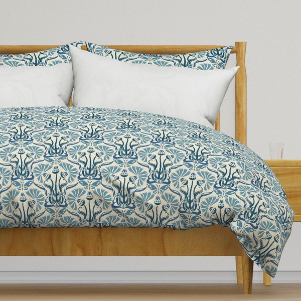 Blue French Damask Bedding - Fleur De Papillon by kaiparker - Floral Botanical Mums Cotton Sateen Duvet Cover OR Pillow Shams by Spoonflower