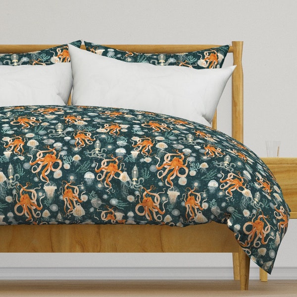 Octopus Bedding - Octopus On Midnight  by katherine_quinn - Blue Orange Sea Ocean Cotton Sateen Duvet Cover OR Pillow Shams by Spoonflower