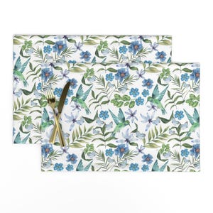 Hummingbird Floral Placemats (Set of 2) - Hummingbird by andrea_haase_design - Vintage Style Blue Butterfly Cloth Placemats by Spoonflower