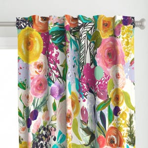 Watercolor Floral Curtain Panel - Autumn Blooms Giant Bright  by theartwerks - Botanical Spring Nursery Custom Curtain Panel by Spoonflower