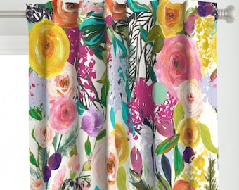 Watercolor Floral Curtain Panel - Autumn Blooms Giant Bright  by theartwerks - Botanical Spring Nursery Custom Curtain Panel by Spoonflower