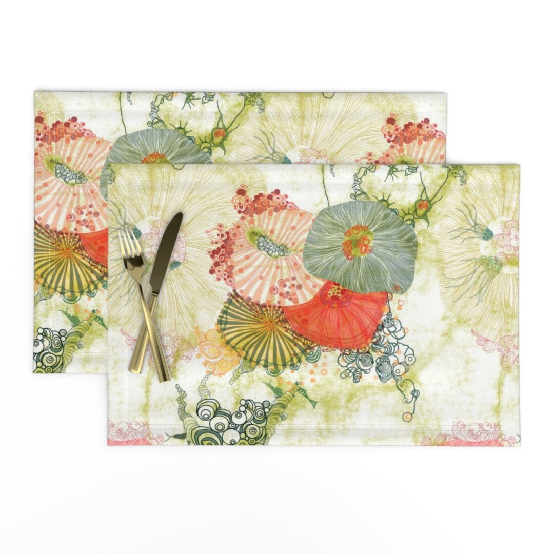 Green and Coral Placemats set of 2 Watercolor Sea Life by Mimipinto