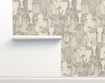 Neutral Cow Non-Pasted Wallpaper Cattle Farming Rustic Farmhouse Dairy Cow - Just Cattle by scrummy Wallpaper Double Roll by Spoonflower
