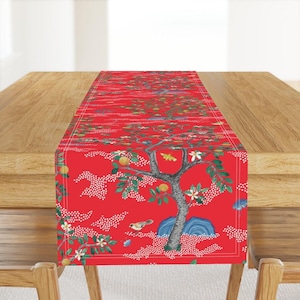 Maximalist Table Runner - Red Citrus Grove Toile by danika_herrick - Chinoiserie Traditional Cotton Sateen Table Runner by Spoonflower