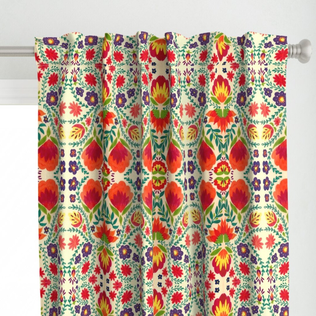 Mexican Style Floral Curtain Panel Folklore Cream Motif by