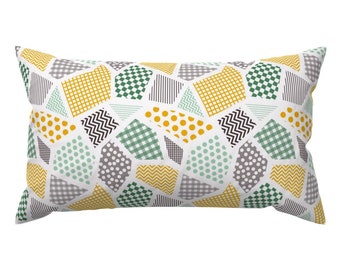 Yellow Gingham Accent Pillow - Patchy Classics by anzela - Green Check Patchwork Gray White Rectangle Lumbar Throw Pillow by Spoonflower