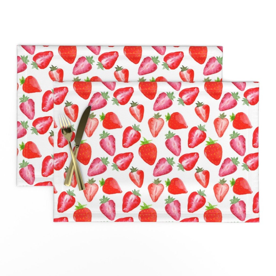 Strawberry Placemats set of 2 Strawberries Red Watercolour White by