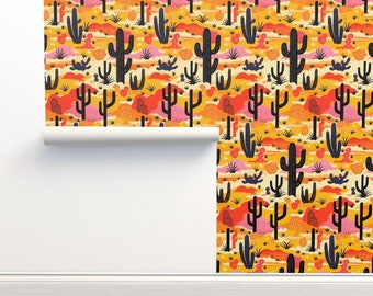 Sunset Desert Commercial Grade Wallpaper - Fall Desert Cacti by web_and_hen - Cacti Landscape Autumn Wallpaper Double Roll by Spoonflower