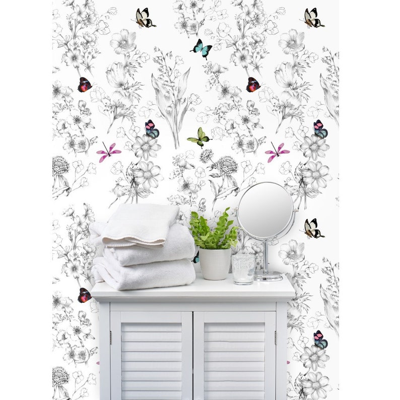 Butterflies Non-Pasted Wallpaper Butterfly Sketch Black And White - Le Papillon by willowlanetextiles Wallpaper Double Roll by Spoonflower image 8