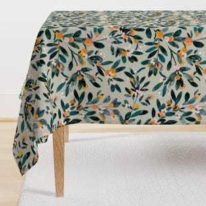Citrus Tablecloth - Clementine Sprigs by crystal_walen - Watercolor Fruit Silver Sage Oranges Floral Cotton Sateen Tablecloth by Spoonflower
