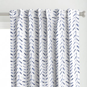 Herringbone Curtain Panel - Indigo Watercolor by katerinaizotova - Hand Drawn Painterly White Blue Basic Custom Curtain Panel by Spoonflower