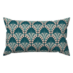 Teal Lumbar Pillow - Art Deco Peacock Feathers Smaller by lilalunis - Geometric Classy Abstract Mint Art Deco Rectangle Accent Throw Pillow