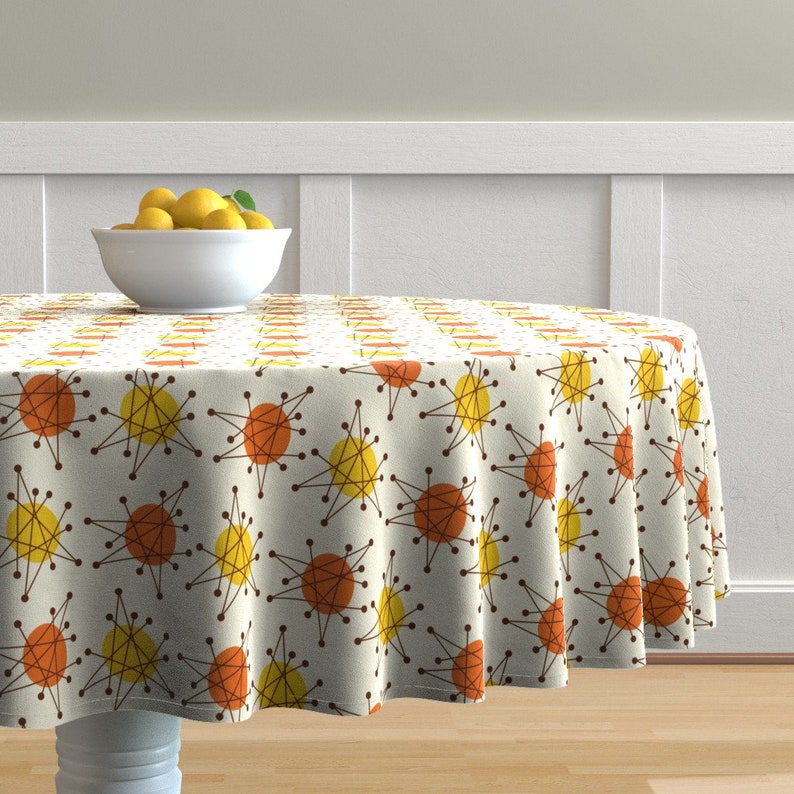 Mid Century Modern Round Tablecloth Atomic Starburst Orang Etsy