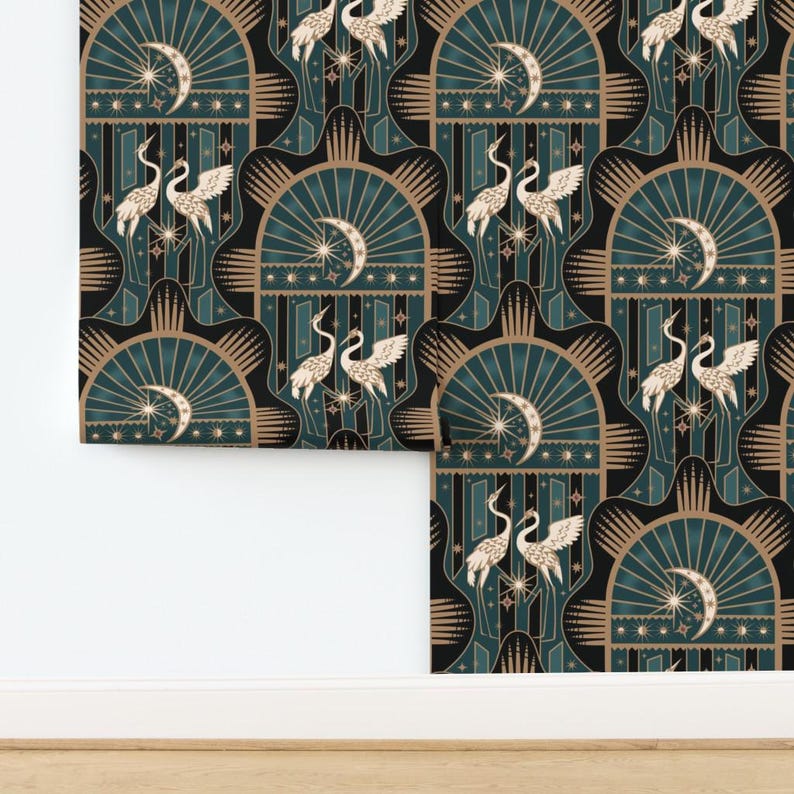 Celestial Cranes Non-pasted Wallpaper Teal Black Beige Art Deco ...