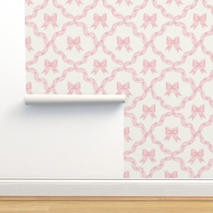 Pink Bow Commercial Grade Wallpaper - Ribbon Diamond by nessnordberg - Ribbon Trellis Pastel Baby Pink Wallpaper Double Roll by Spoonflower