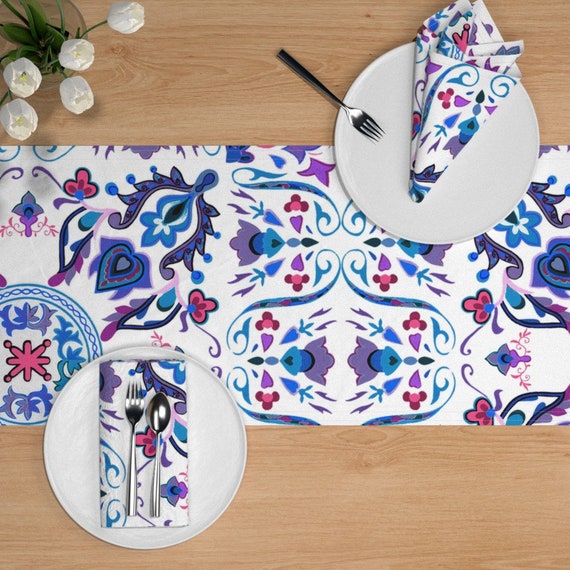 Folk Art Tile Rosemaling by peacoquettedesigns Scandinavian Table Runner Boho Hygge Tile Cotton Sateen Table Runner by Spoonflower