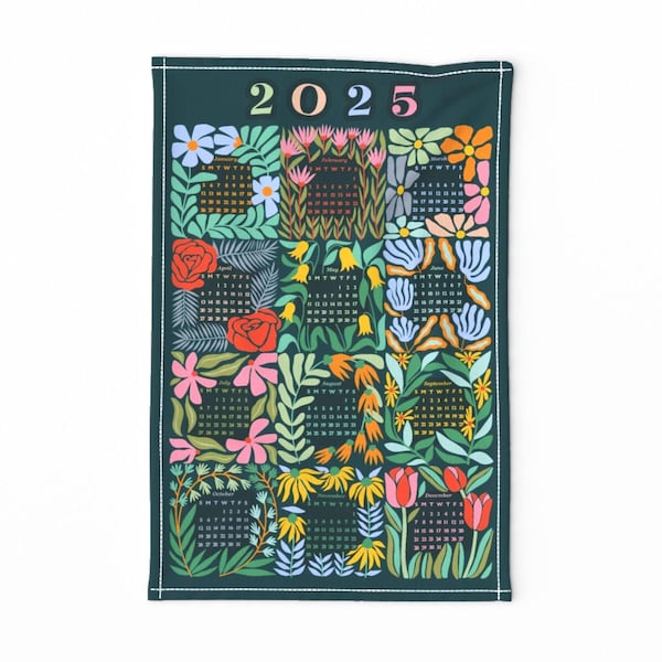 2025 Calendar Tea Towel - Bold Block Print by tigatiga - Retro Floral Tea Towel Wall Hanging Linen Cotton Canvas Tea Towel by Spoonflower
