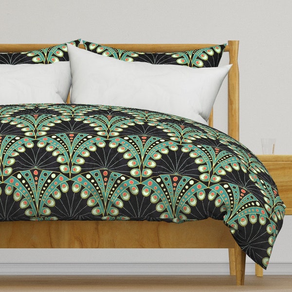 Art Deco Bedding - Peacock Feathers by lilalunis - Feather Art Nouveau Geometric Cotton Sateen Duvet Cover OR Pillow Shams by Spoonflower