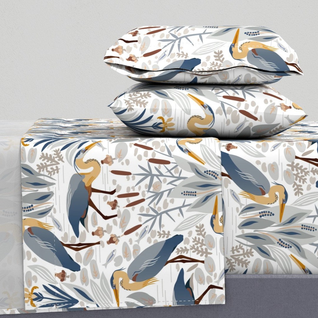 Bird Sheets Fishing Heron and Irises by Boszorka Orange Etsy