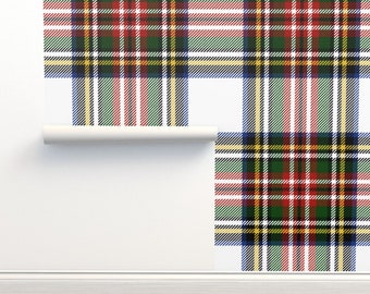 Holiday Plaid Non-Pasted Wallpaper Tartan Traditional  - Royal Dress Stewart by peacoquettedesigns Wallpaper Double Roll by Spoonflower